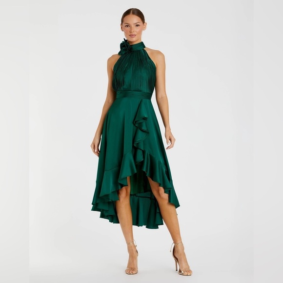 MAC DUGGAL 49488 NWT Green Halter Neck Flower Detail Ruffled Midi Dress - Picture 1 of 8